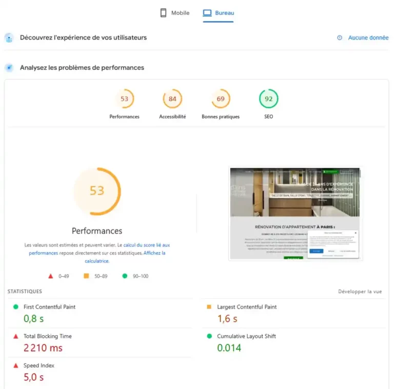 Capture d’écran Google PageSpeed Insights sur ordinateur avant optimisation d’un site WordPress avec Divi, score de performance 53 avec un temps de blocage total de 2 210 ms.
