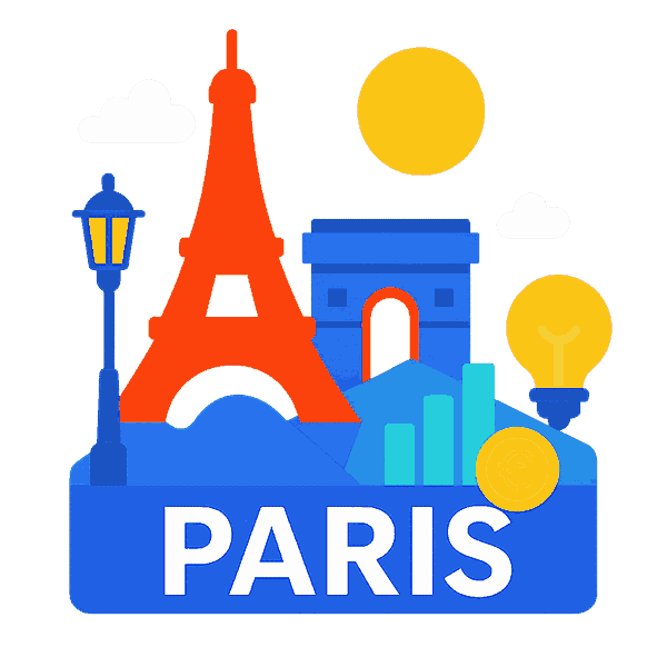 Illustration de Paris avec la Tour Eiffel, l’Arc de Triomphe et des icônes digitales symbolisant le SEO, l’IA et la visibilité en ligne