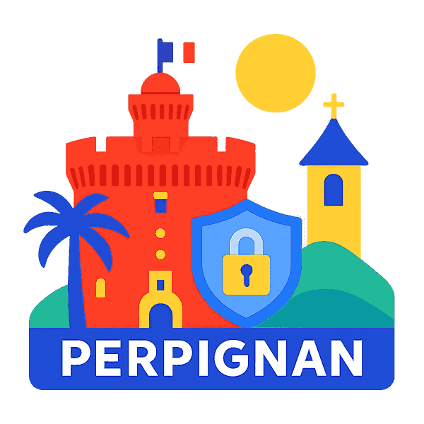 Illustration du Castillet de Perpignan avec un bouclier de sécurité et le nom Perpignan en style flat design