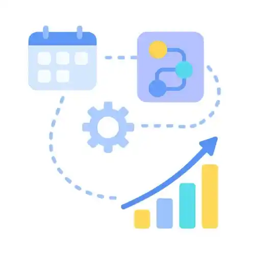 Illustration représentant un calendrier, un engrenage et une flèche de croissance symbolisant l’audit d’automatisation des processus marketing par Oli-via-net.