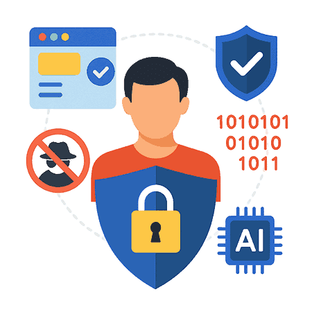Illustration représentant une personne protégée par un bouclier, un cadenas, des icônes de sécurité, d’IA et de prévention contre l’usurpation d’identité