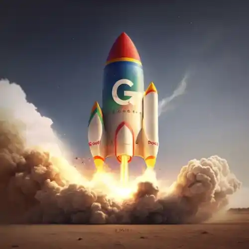 Illustration d’une fusée Google symbolisant la croissance rapide et le décollage des performances SEO et IA grâce à l’agence Oli-via-net.