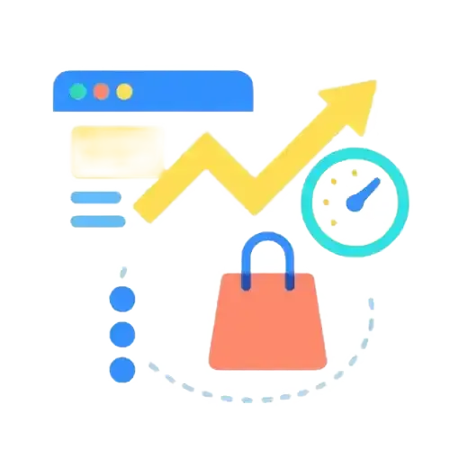 Illustration d’un graphique de croissance, d’un chronomètre et d’un sac symbolisant la performance e-commerce et le retour sur investissement digital.