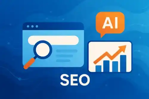 Illustration représentant un audit SEO et SEO IA gratuit avec une loupe et un graphique de croissance symbolisant l’analyse du référencement naturel et de l’intelligence artificielle.