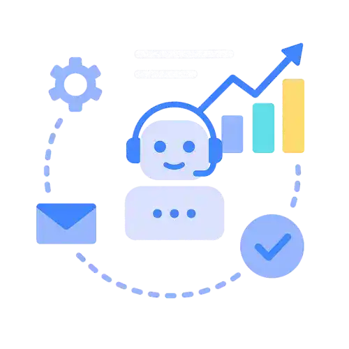 Illustration d’un agent IA entouré d’icônes représentant la communication, les statistiques et la croissance, symbole de l’automatisation marketing.