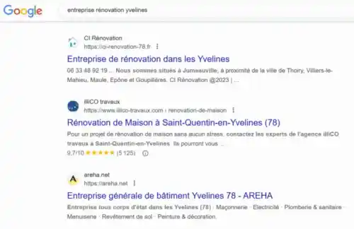 Résultat de recherche Google montrant l’entreprise CI Rénovation en première page sur la requête « entreprise rénovation Yvelines », grâce à la stratégie SEO d’Oli-via-net.