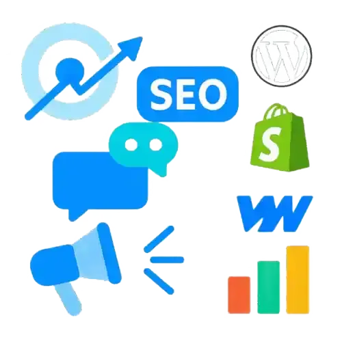 Icônes SEO, WordPress, Shopify, Webflow et marketing illustrant la création et la refonte de sites web performants par Oli-via-net.