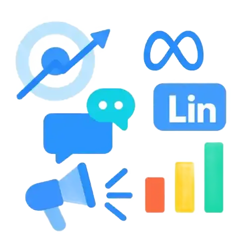 Cette illustration symbolise les campagnes SEA multicanal pilotées par Oli-via-net : Google Ads (Search, Display, YouTube) Meta Ads (Facebook, Instagram) LinkedIn Ads (B2B) L’objectif : créer des campagnes cohérentes et pilotées par la donnée et l’intelligence artificielle, pour maximiser la croissance immédiate et la rentabilité publicitaire.