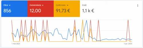 Graphique Google Ads montrant les performances avant optimisation : 856 clics, 12 conversions pour 1 100 € de budget sur la campagne Tree Art Élagage.