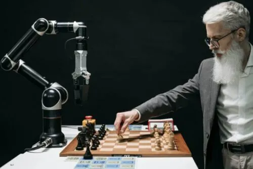 Un robot jouant aux échecs avec un humain symbolisant la stratégie entre SEO et intelligence artificielle, illustrant la nouvelle alliance entre Google et les IA comme ChatGPT ou Gemini.