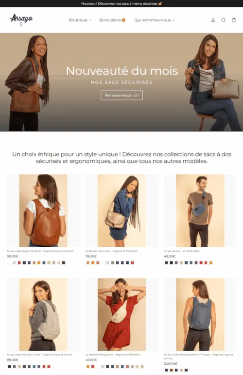 Capture d’écran du nouveau site Shopify Arsayo après refonte complète, présentant une interface moderne et optimisée pour la conversion.