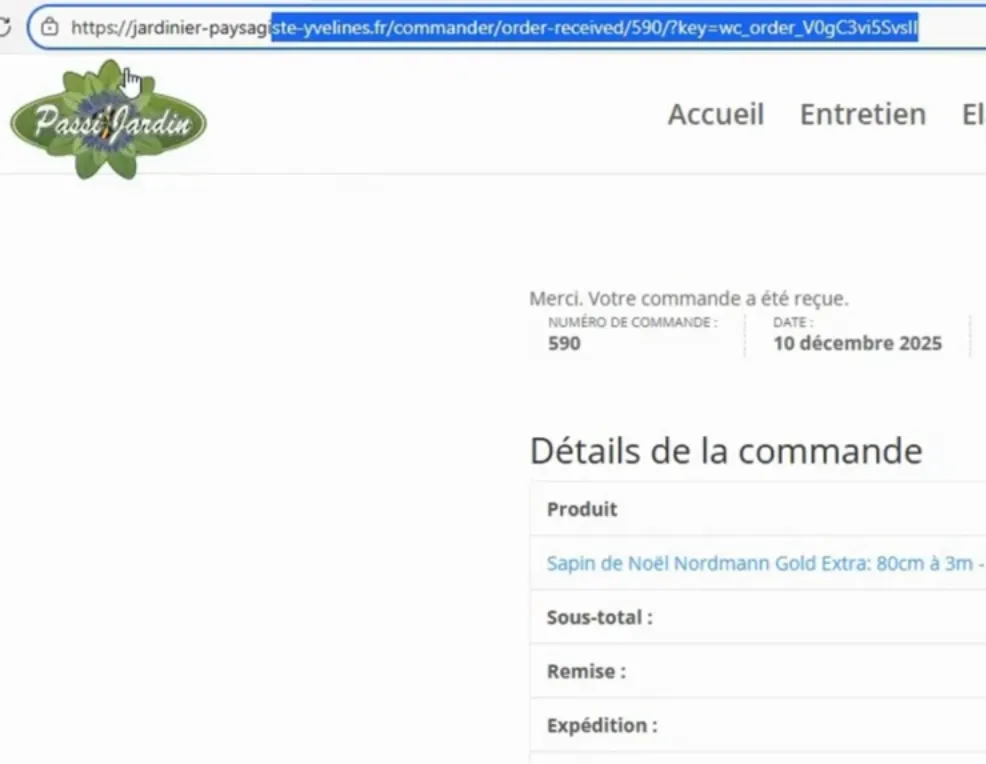 Exemple de page de confirmation de commande WooCommerce avec URL order-received utilisée pour le suivi de conversion Google Ads