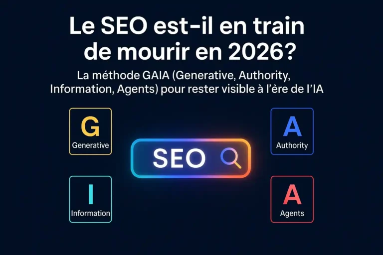 Illustration du concept GAIA appliqué au SEO avec les piliers Generative, Authority, Information et Agents autour du moteur de recherche