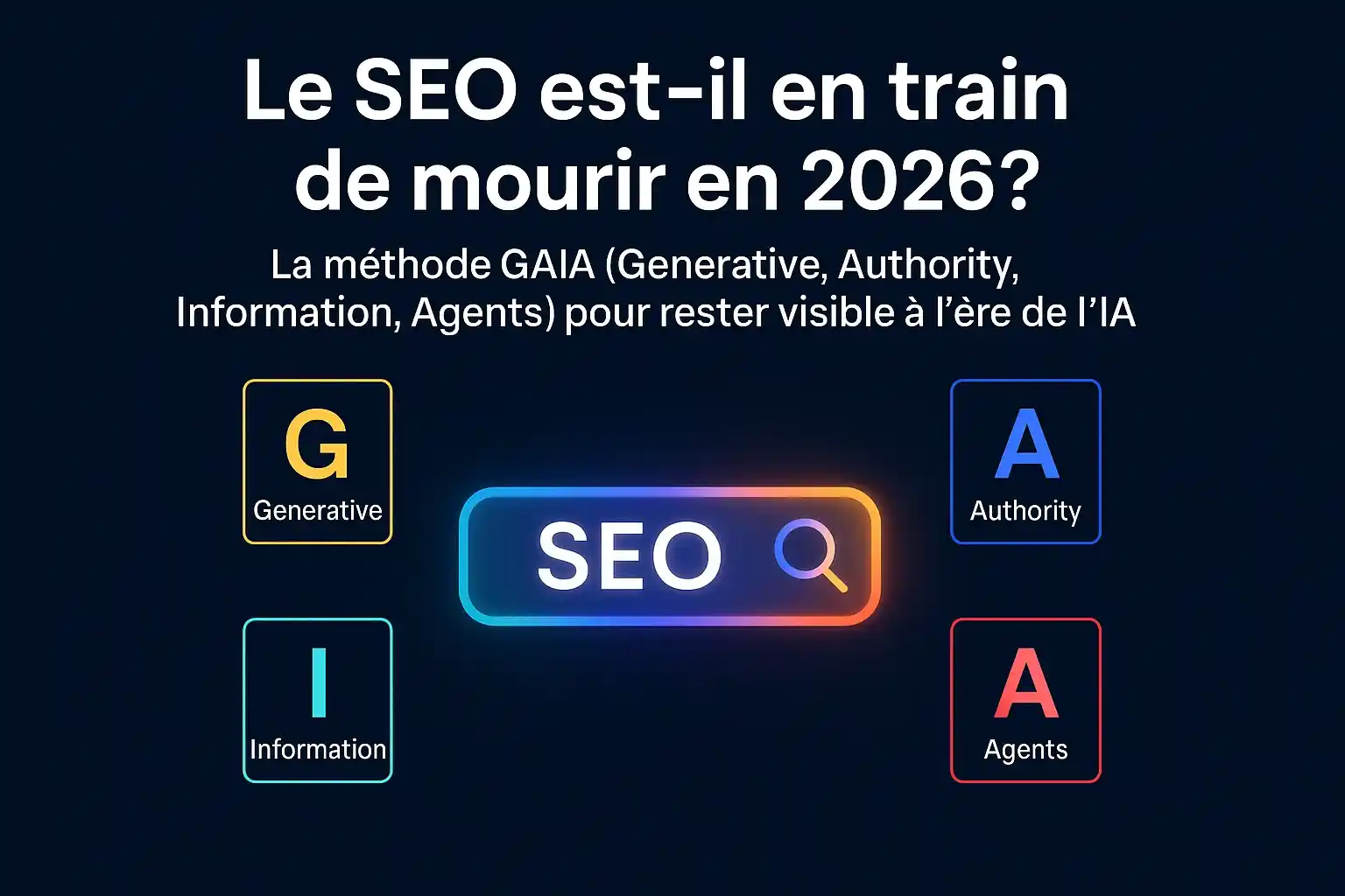 Illustration du concept GAIA appliqué au SEO avec les piliers Generative, Authority, Information et Agents autour du moteur de recherche