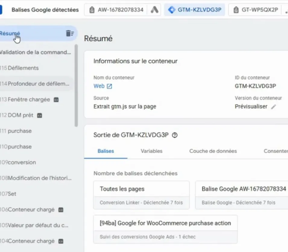 Outil de prévisualisation Google Tag Manager montrant le déclenchement des balises et conversions Google Ads sur un site e-commerce