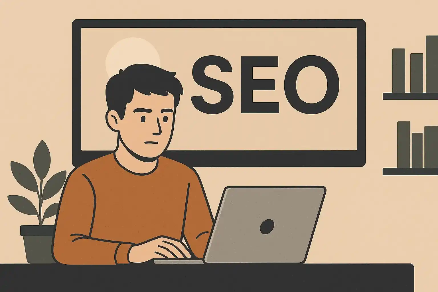 Consultant SEO travaillant sur ordinateur portable avec tableau de bord SEO en arrière-plan illustrant l’optimisation pour l’intelligence artificielle