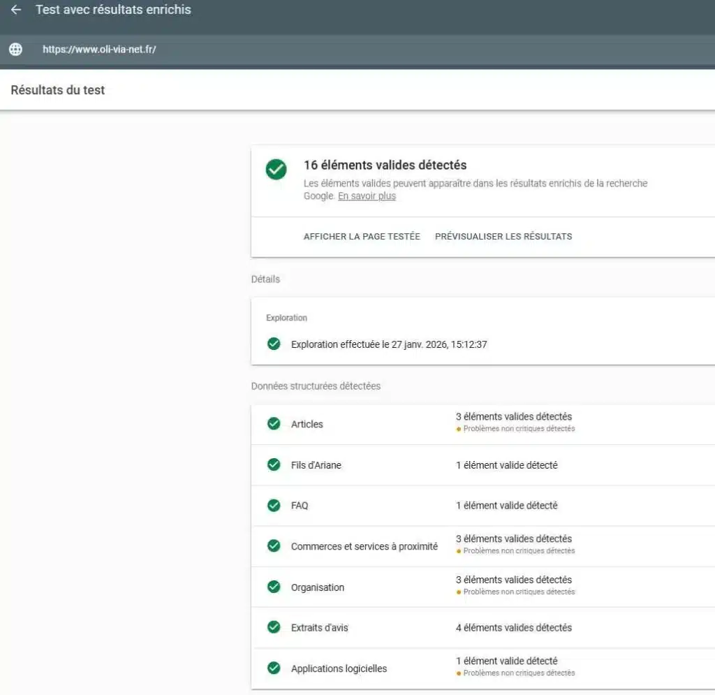 Résultat du test Google Rich Results montrant la validation des données structurées d’un site avec articles, FAQ, organisation et services locaux