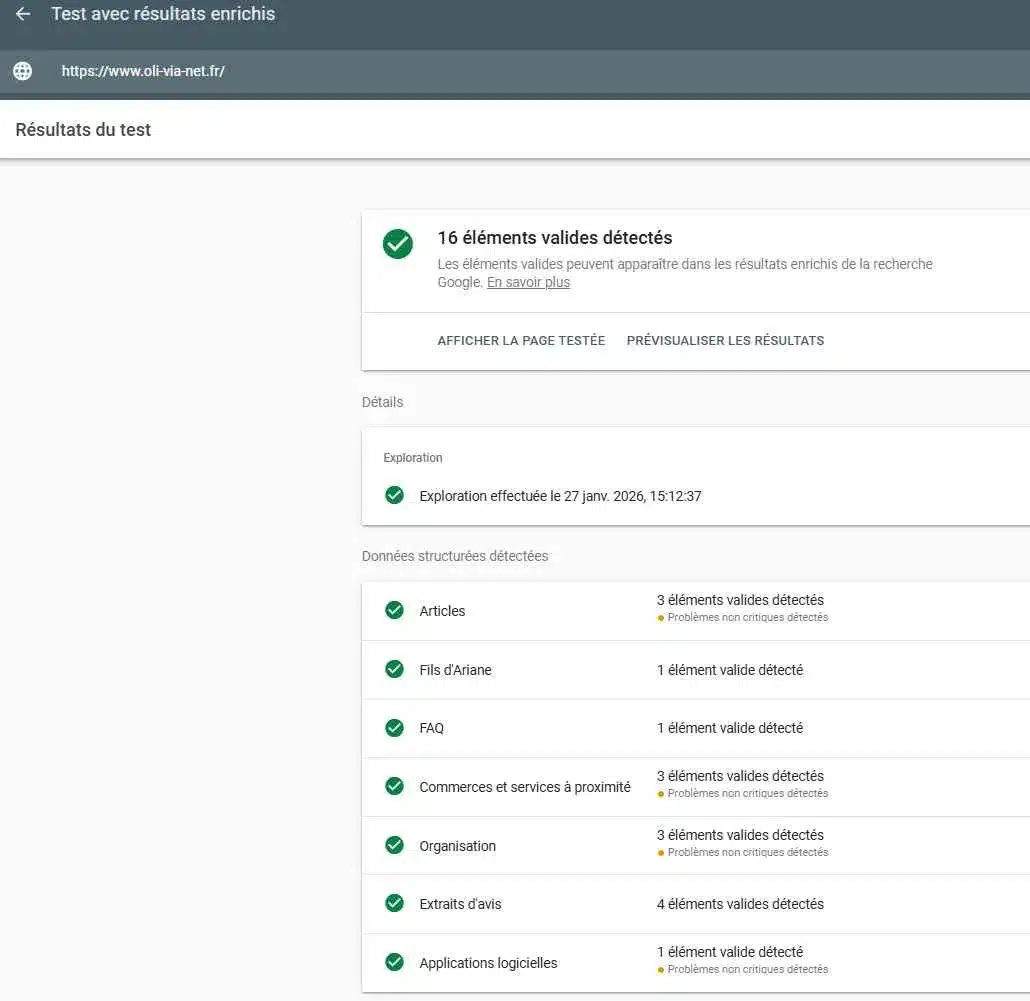 Résultat du test Google Rich Results montrant la validation des données structurées d’un site avec articles, FAQ, organisation et services locaux