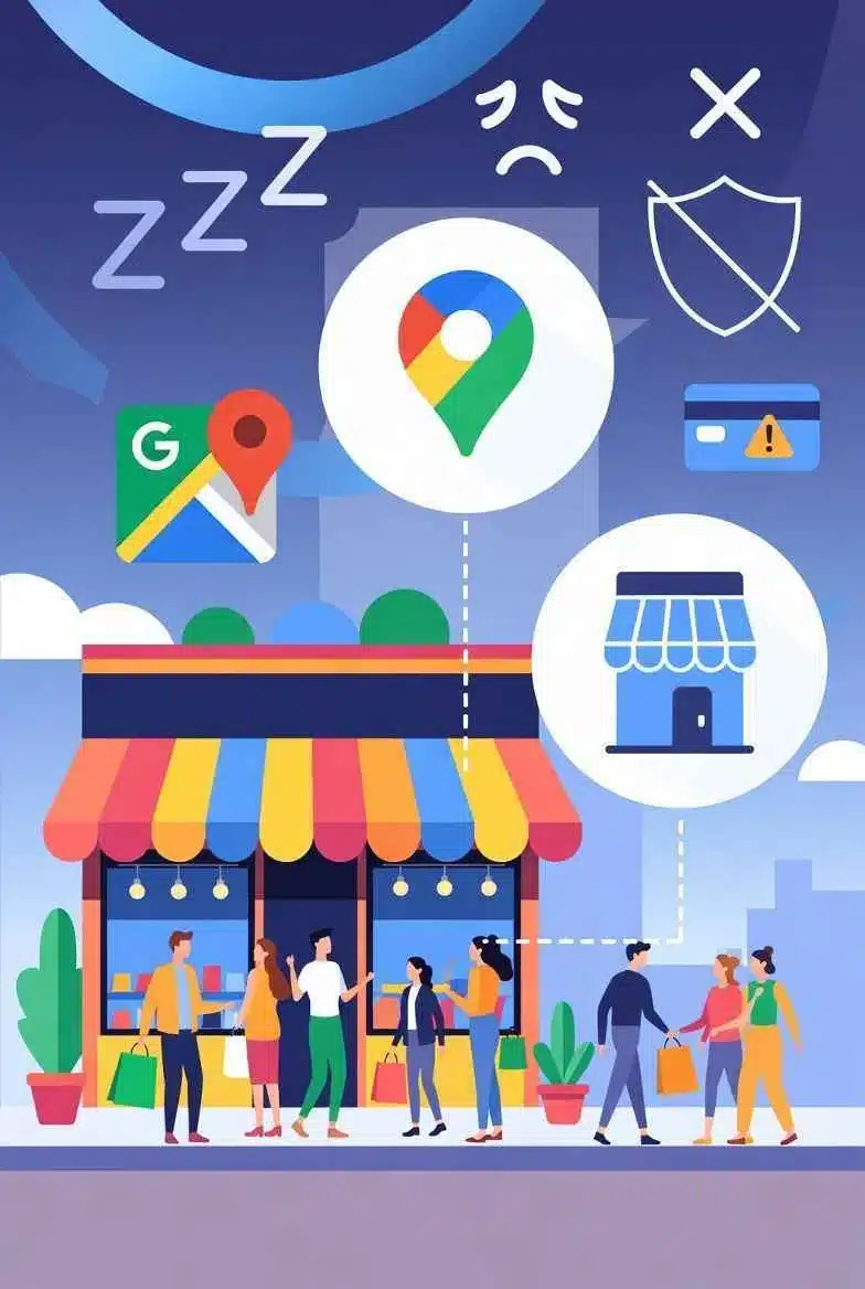 Illustration du drive-to-store montrant une boutique physique reliée à Google Maps, aux avis clients et aux actions locales.