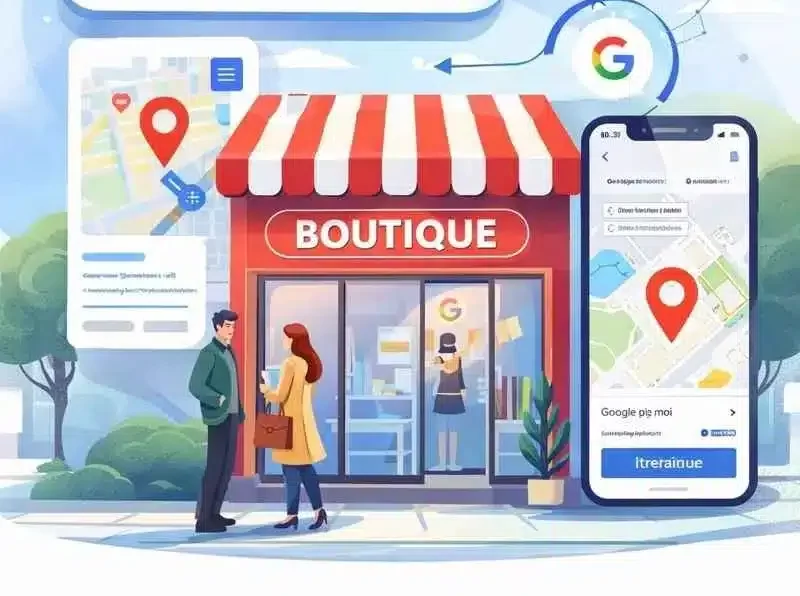 Illustration du drive-to-store montrant une boutique physique connectée à Google, aux avis clients et à l’intelligence artificielle pour générer des visites en magasin.
