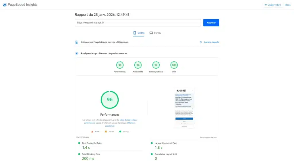 Rapport Google PageSpeed Insights affichant un score de performance élevé et des Core Web Vitals optimisés pour un site web
