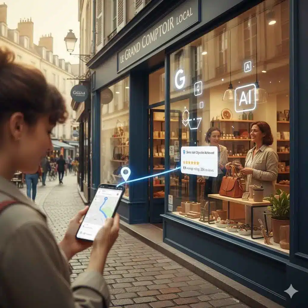 Femme consultant Google Maps et les avis clients sur son smartphone pour trouver un commerce local et s’y rendre.