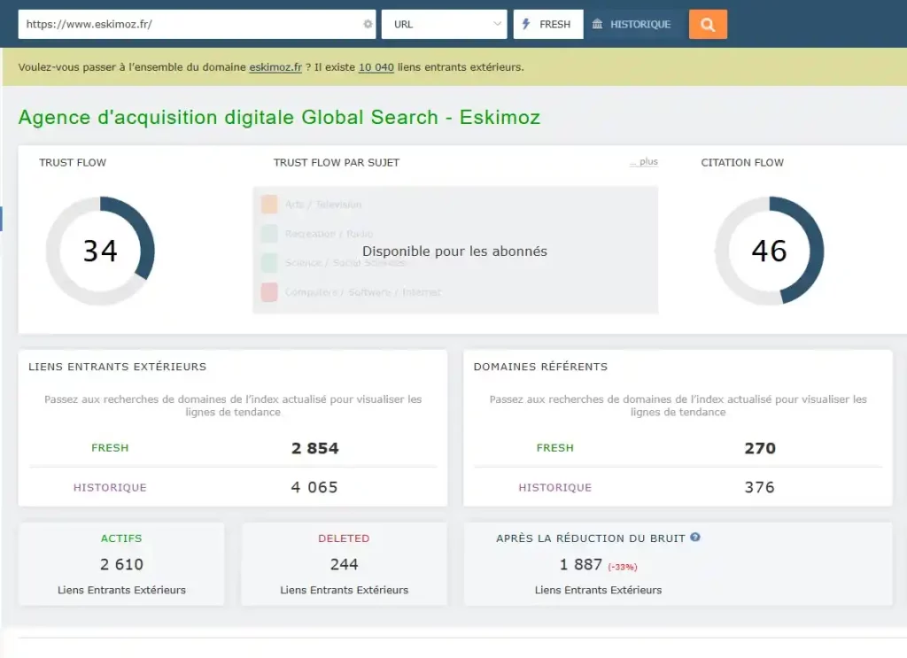 Capture d’écran Majestic montrant les indicateurs de netlinking du site eskimoz.fr avec Trust Flow, Citation Flow et domaines référents