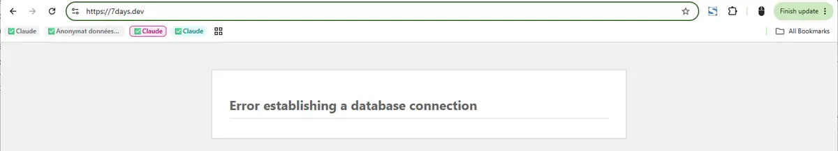 Navigateur affichant 7days.dev avec le message WordPress Error establishing a database connection
