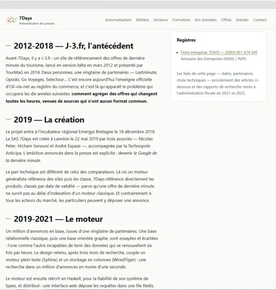 Page Histoire de 7days.dev en cours de refonte : chronologie 2012-2018 J-3.fr, 2019 création de la SAS 7Days, 2019-2021 le moteur