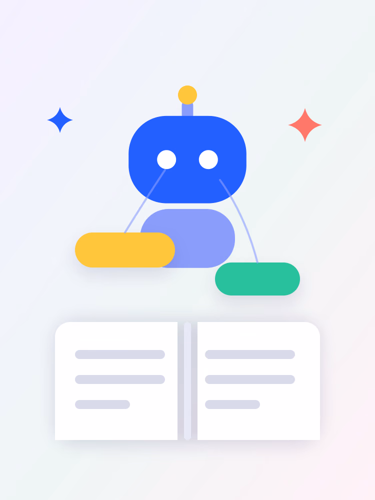 Petit robot bleu arrondi penché sur une page ouverte dont il prélève deux blocs de contenu colorés