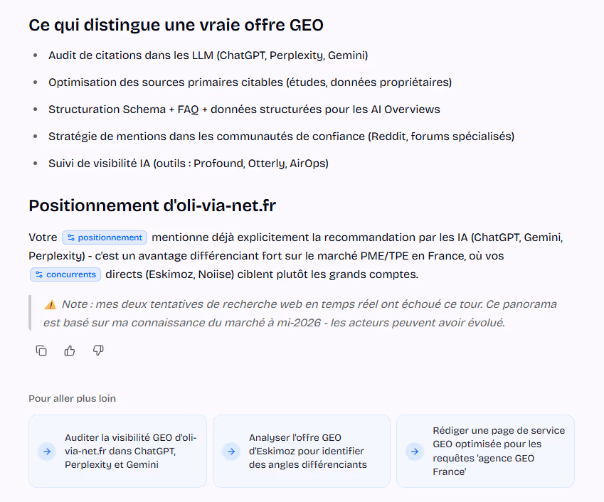 Réponse d'un assistant SEO listant les composantes d'une offre GEO et le positionnement d'oli-via-net.fr face à ses concurrents