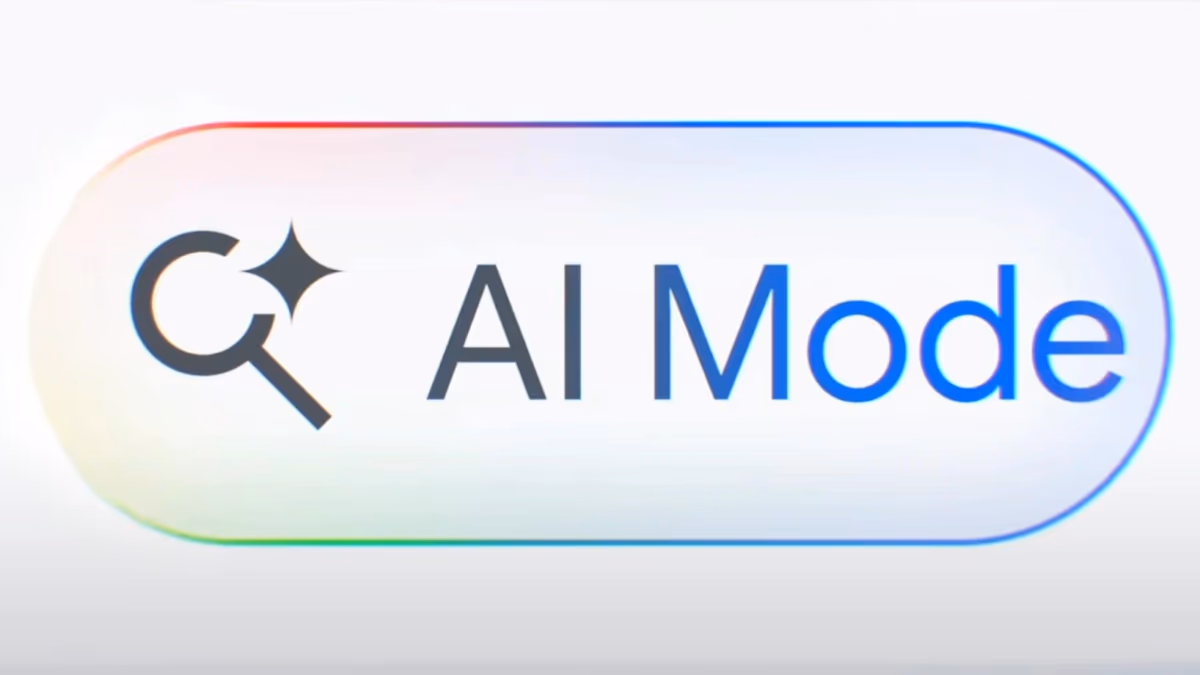 Bouton Mode IA de Google : une loupe surmontée d'une étincelle à quatre branches, suivie des mots AI Mode, dans une pastille bordée des couleurs Google