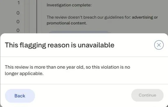 Fenêtre Trustpilot Business : This flagging reason is unavailable, this review is more than one year old, so this violation is no longer applicable