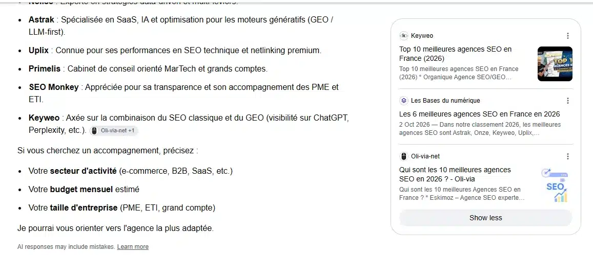 Aperçu IA de Google du 9 octobre 2026 citant oli-via-net.fr sur les meilleures agences SEO