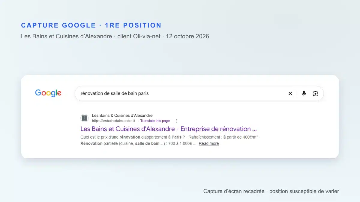 Capture Google du 12 octobre 2026 : lesbainsdalexandre.fr en 1re position des résultats naturels sur la requête « rénovation de salle de bain paris »