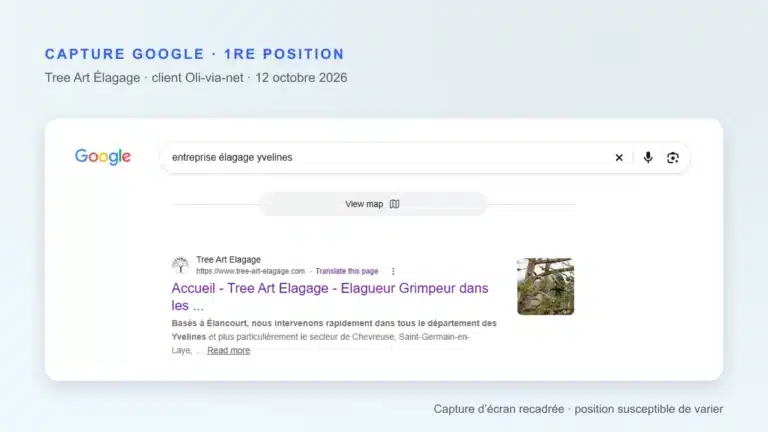 Capture Google du 12 octobre 2026 : tree-art-elagage.com en 1re position des résultats naturels sur la requête « entreprise élagage yvelines »