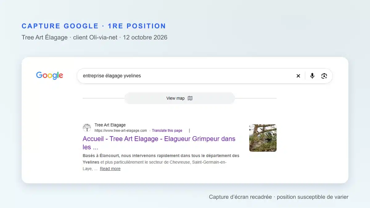 Capture Google du 12 octobre 2026 : tree-art-elagage.com en 1re position des résultats naturels sur la requête « entreprise élagage yvelines »