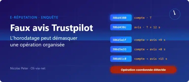 Visuel de l'article de Nicolas Peter : identifiants Trustpilot fictifs décodés, chaque avis publié quelques secondes après la création de son compte, opération coordonnée détectée