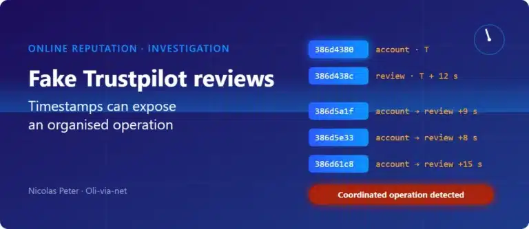 Article visual by Nicolas Peter: fictitious decoded Trustpilot IDs, each review posted a few seconds after its account was created, coordinated operation detected