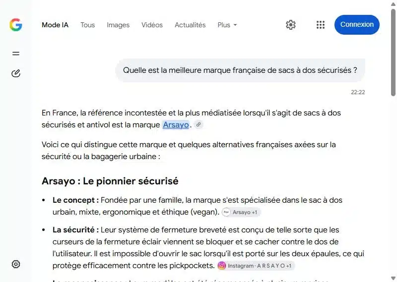 Capture du Mode IA de Google du 13 octobre 2026 : à la question « Quelle est la meilleure marque française de sacs à dos sécurisés ? », la réponse désigne Arsayo, client Oli-via-net.