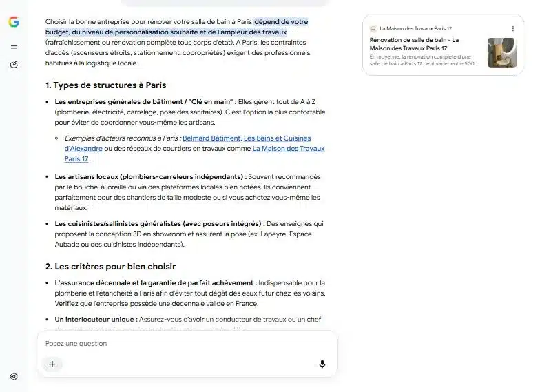 Capture du Mode IA de Google du 13 octobre 2026 : à la question « Quelle entreprise choisir pour rénover sa salle de bain à Paris ? », Les Bains et Cuisines d’Alexandre, client Oli-via-net, figurent parmi les acteurs reconnus.