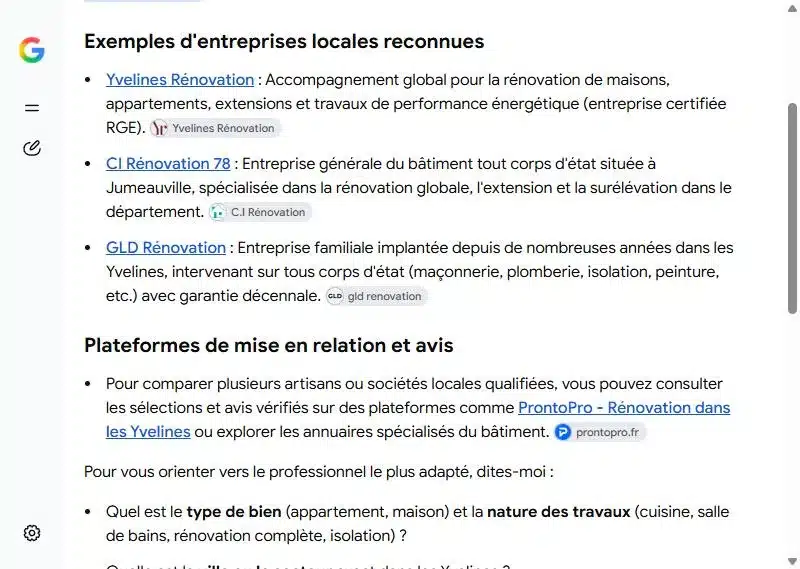 Capture du Mode IA de Google du 13 octobre 2026 : sur « entreprise de rénovation Yvelines », CI Rénovation 78, client Oli-via-net, figure parmi les principales entreprises du département.