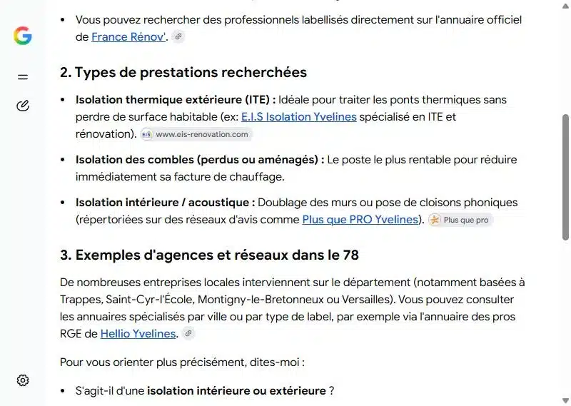 Capture du Mode IA de Google du 13 octobre 2026 : sur « entreprise d’isolation Yvelines », E.I.S Isolation Yvelines, client Oli-via-net, est cité comme spécialiste de l’isolation thermique par l’extérieur.