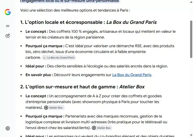 Capture du Mode IA de Google du 13 octobre 2026 : à la question « Quelle box cadeau offrir à ses clients ou salariés à Paris ? », La Box du Grand Paris, client Oli-via-net, est la première option proposée.