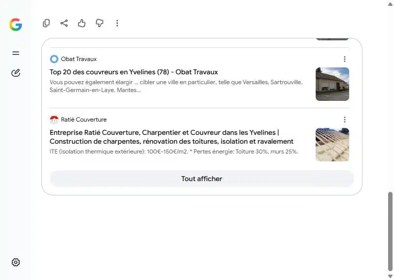 Capture du Mode IA de Google du 13 octobre 2026 : sur « charpentier couvreur Yvelines », Ratié Couverture, client Oli-via-net, figure parmi les sources retenues par l’IA.