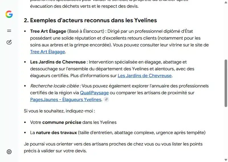 Capture du Mode IA de Google du 13 octobre 2026 : à la question « Quel élagueur choisir dans les Yvelines ? », Tree Art Élagage, client Oli-via-net, est cité en premier.