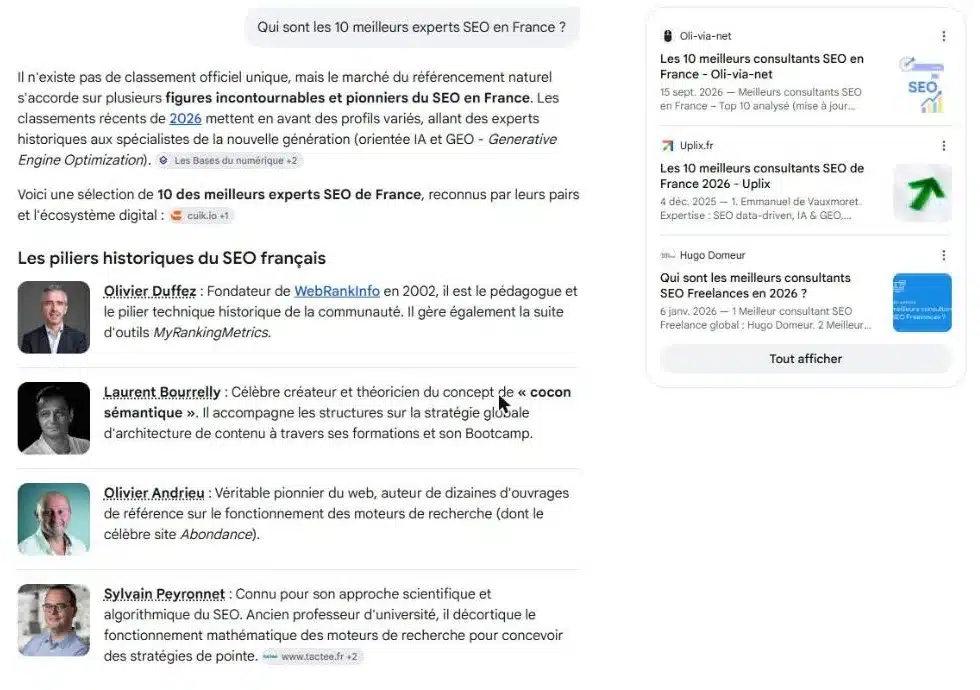 Réponse du Mode IA de Google à la question « Qui sont les 10 meilleurs experts SEO en France ? » avec, en premier dans le panneau des sources, le classement d'Oli-via-net