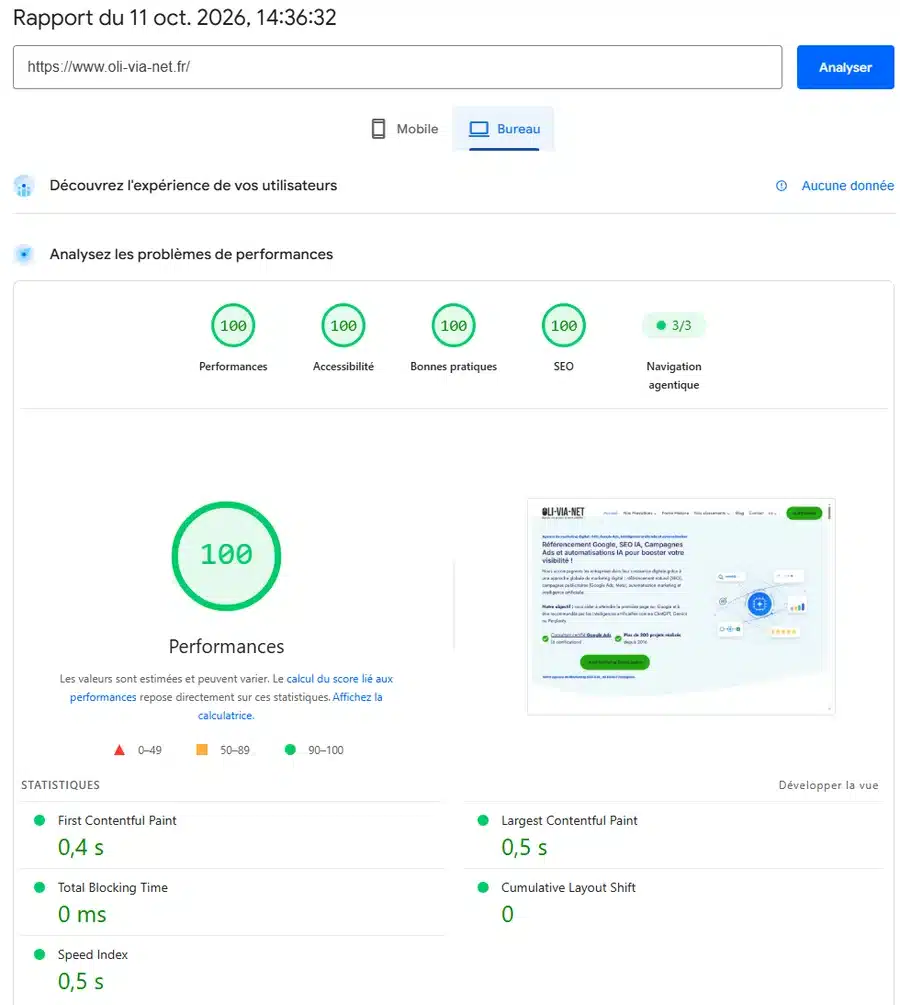 Rapport PageSpeed Insights de oli-via-net.fr sur ordinateur le 11 octobre 2026 : 100 en performance, accessibilité, bonnes pratiques et SEO, 3/3 en navigation agentique, First Contentful Paint 0,4 s, Largest Contentful Paint 0,5 s, Total Blocking Time 0 ms