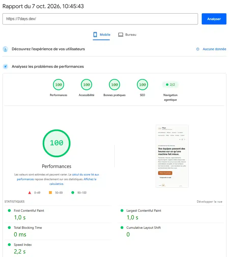 Rapport PageSpeed Insights mobile de 7days.dev : 100 en performances, accessibilité, bonnes pratiques et SEO, navigation agentique 2/2, Largest Contentful Paint 1,0 s