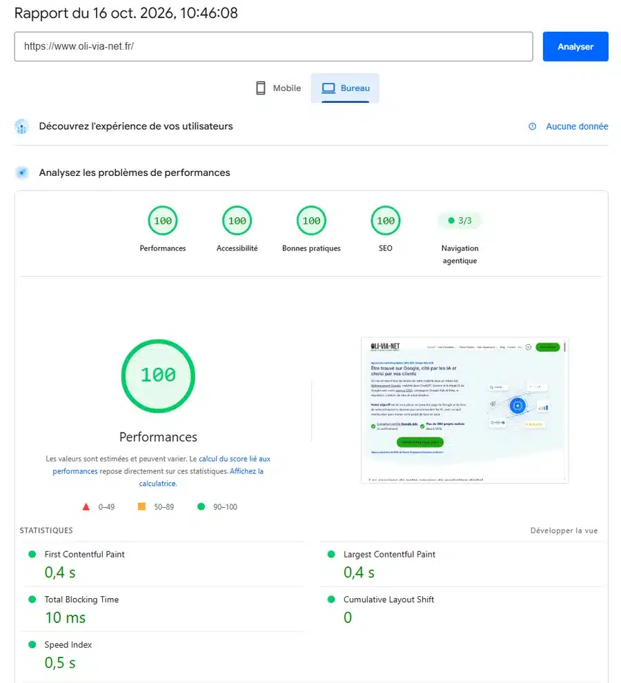 PageSpeed Insights du 16 octobre 2026 : oli-via-net.fr à 100 en performance, accessibilité, bonnes pratiques et SEO sur ordinateur